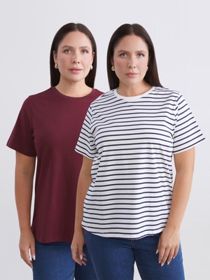 Soulife Büyük Beden Çizgili Kadın Tişört 2'li