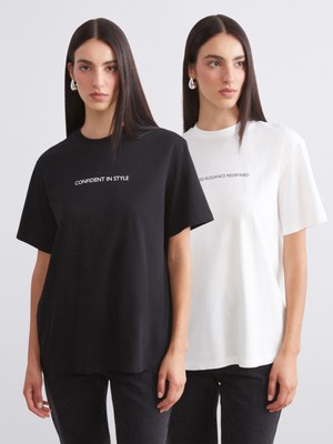 Soulife Bisiklet Yaka Baskılı Oversize Kadın Tişört 2'li