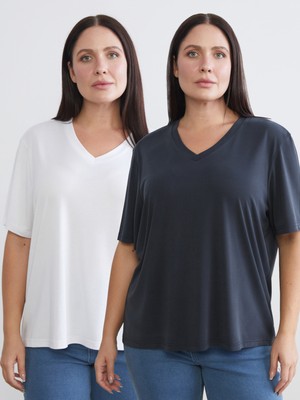 Soulife Büyük Beden V Yaka Kadın Tişört 2'li