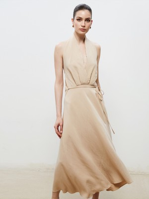 Soulife Halter Yaka Kuşaklı Saten Elbise