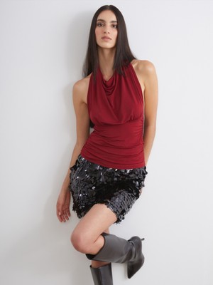 Soulife Dökümlü Halter Yaka Büzgülü Bluz