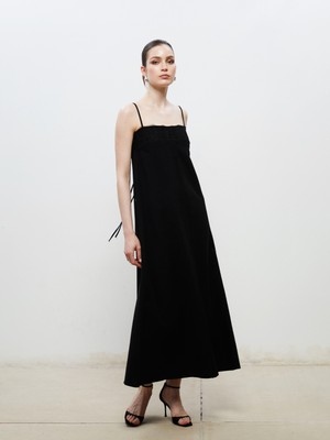 Soulife Kare Yaka Keten Karışımlı Askılı Elbise