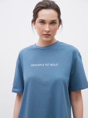 Soulife Bisiklet Yaka Baskılı Oversize Kadın Tişört