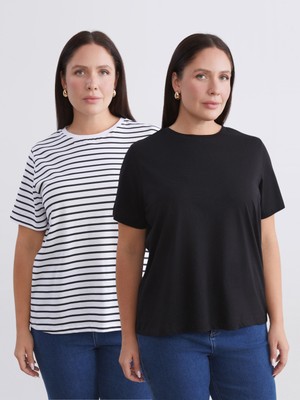 Soulife Büyük Beden Çizgili Kadın Tişört 2'li