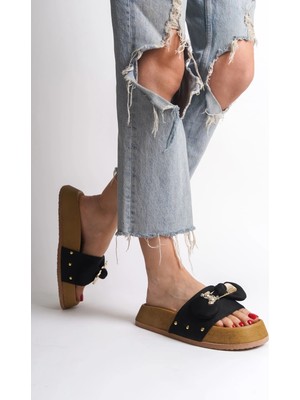 Joy Ayakkabı Dıla Kalın ve Ortopedik Taban Ayıcıklı Saten Kadın Terlik  Skt - Siyah