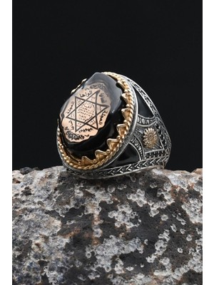 Prestige Hz. Süleyman Mührü 925 Ayar Gümüş Erkek Yüzük Sıkma Kehribar Taşlı 902355