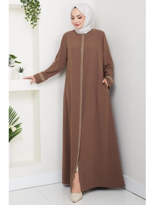 Çiçek Nakışlı Büyük Beden Ferace Kahverengi HM2844