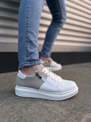 Joy Ayakkabı JY155 Warrior Bağcıklı ve Fermuarlı Cilt Süet Erkek Günlük Sneaker Ayakkabı Csbt - Beyaz/gri