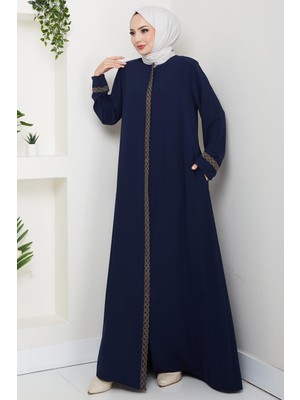 Çiçek Nakışlı Büyük Beden Ferace Lacivert HM2844