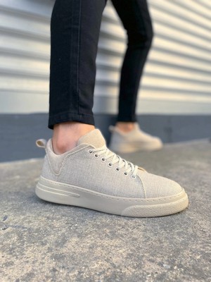 Joy Ayakkabı JY204 Flex Bağcıklı Keten Kumaş Erkek Günlük Sneaker Ayakkabı Kkt - Krem