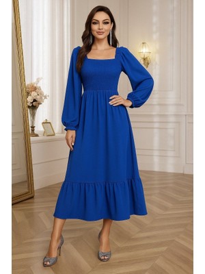 Arben Boutique Kadın Uzun Kollu Kare Yakalı Gipeli Uzun Trikoton Elbise