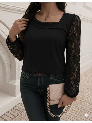 Arben Boutique Kadın Uzun Kollu Asimetrik Yakalı Dantelli Ithal Krep Bluz