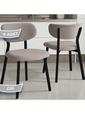 Canisa Toldy Serisi 6 Adet Gri Bukle Kumaş Mutfak Sandalyesi Siyah Metal Ayak