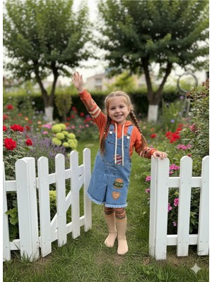 Şimo Butik Bayramlık Kız Çocuk Kotlu Salopet Külotlu Çoraplı Takım Özel Tasarım ( Kot Elbise+Kapşonlubluz+Çorap)