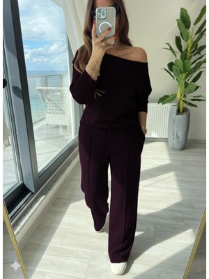 Ahes Shopping Kadın Uzun Kollu Tek Omuzdan Açık Modal Bluz ve Pantolon Ikili Mürdüm Takım