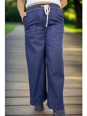 Yagmur Beren  Beli Geniş Lastikli Bağcıklı Ful Likralı Geniş Paça Büyük Beden Jean Kot Pantolon