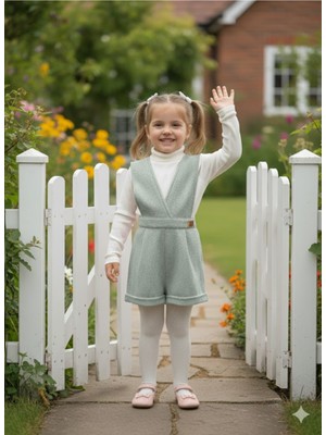 Şimo Butik Bayramlık Kışlık Balıkçı Yaka Bluzlu Kız Çocuk Kruvaze Salopet Şort Yeşili Melanj Çoraplı Şık Üçlü Takım Seti