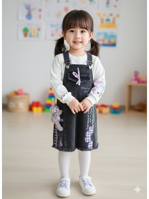 Şimo Butik Bayramlık Kız Çocuk Kotlu Salopet Takım Özel Tasarım (Stella Lou Oyuncaklı Kot Elbise+Bluz)