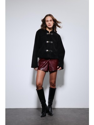Antioch Siyah Süslü Düğmeli Suni Kürk Ceket