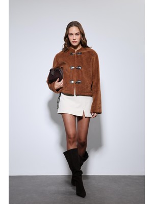 Antioch Kahve Süslü Düğmeli Suni Kürk Ceket