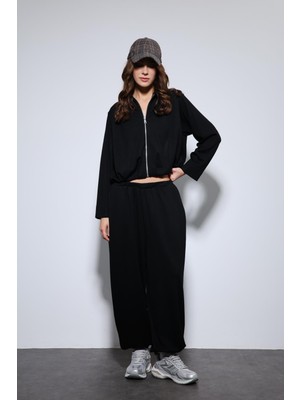 Antioch Siyah Volümlü Ceket ve Paça Lastikli Eşofman Takım