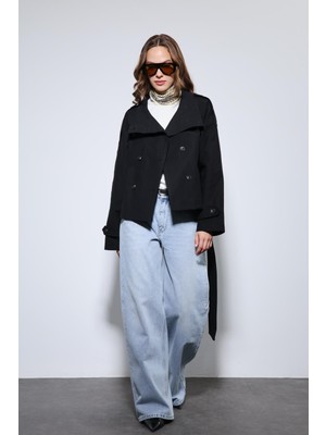 Antioch Siyah Dik Yaka Kruvaze Trençkot