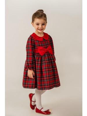 Trend Baby Kids Kız Çocuk Yılbaşı Konsept Bebe Yaka Ekose Kırmızı Elbise