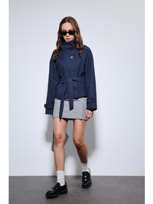 Antioch Lacivert Dik Yaka Kruvaze Trençkot