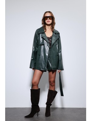 Antioch Yeşil Suni Deri Kemerli Trençkot