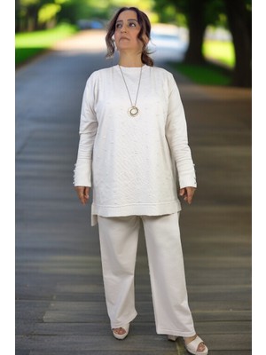 Yagmur Beren  Baklava Desenli Puantiyeli Taş Detaylı Tunik Beli Lastikli Pantolon Büyük Beden Merserize Takım