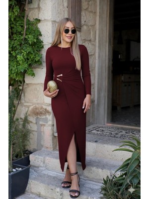 Passense Kadın Uzun Kollu Önden Çapraz Detaylı Yandan Toka Detaylı Uzun Sandy Elbise