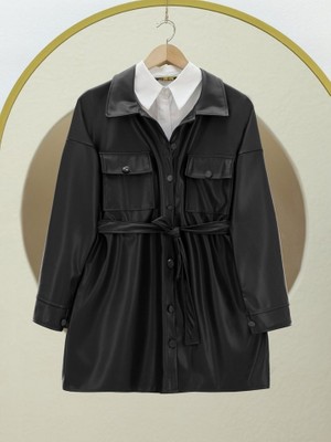 Beli Bağlamalı Çift Cepli Deri Gömlek -Siyah