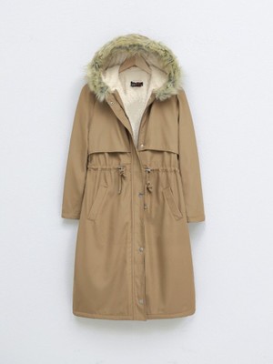 Içi Peluşlu Sabit Kapşonlu Tünel Bağcıklı Uzun Mont -Vizon