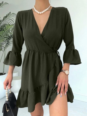 Eteği ve Kolları Fırfırlı Beli Lastikli Ayrobin Elbise -Haki