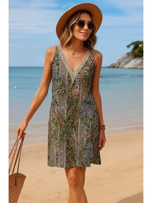 Kadın Kısa Kollu Dantel V Yakalı Desenli Süprem Elbise