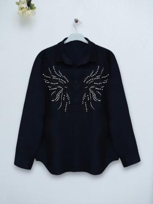 Taş ve Nakış Işlemeli Keten Gömlek -Siyah