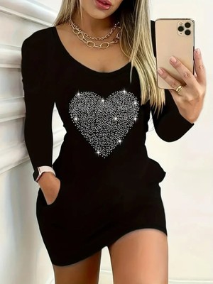Giyimodam Kadın Uzun Kollu Yuvarlak Yaka Taşlı Kalp Desenli Viskon Iki Iplik Elbise