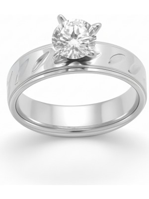 Tesbihane Gümüş Renk Zirkon Taşlı V Tasarım 316L Kalite Paslanmaz Çelik Kadın Tektaş Yüzük - 12 Ölçü