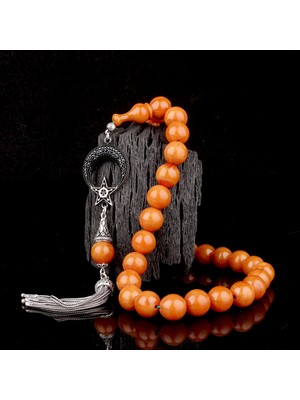 Eskitme Model Sıkma Kehribar Tesbih Ayyıldız Mikro Taşlı 925 Ayar Gümüş Püsküllü