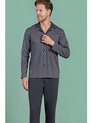 Pijadore Erkek Uzun Kollu Önden Düğmeli Gömlek Yaka Geometrik Desenli Füme Renk Pijama Takımı C7T6N91