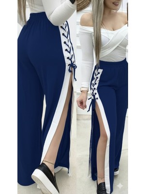 Mç Plus Kadın Yüksek Bel Yandan Çapraz Bağcıklı Yırtmaçlı Viskon Iki Iplik Pantolon