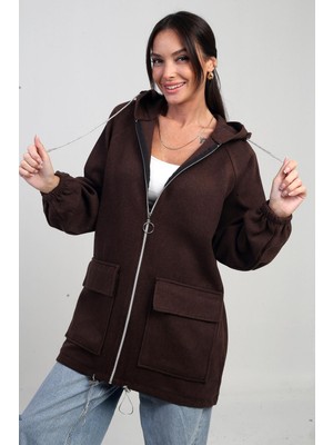 By Saygı Kadın Önü Fermurlı Torba Cepli Parlak Ip Detaylı Kapüşonlu Kaşe Hırka