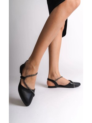 Joy Ayakkabı Hannah Lastikli Ortopedik Rahat Taban Taş Detaylı Kadın Babet Ayakkabı  Cst - Siyah