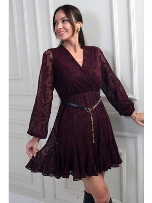 By Saygı Kadın Kruvaze Yaka Astarlı Flok Baskılı Kısa Tül Elbise