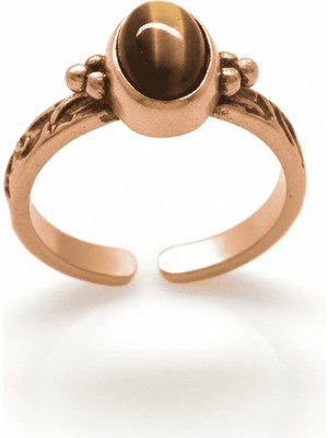 Tesbihane Bakır Bronz Alaşım Kadın Yüzük - Kaplan Gözü Doğaltaşlı - Otantik Tasarım - Ayarlanabilir Ölçü