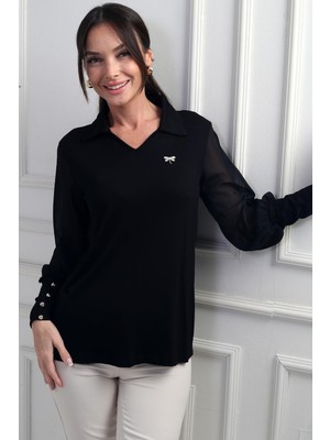 By Saygı Kadın Şifon Kollu Düğme Detaylı Likralı Çilek Bluz