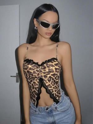 MiraLive Kadın Leopar Desenli Crop Önden Dantel Detaylı 5095