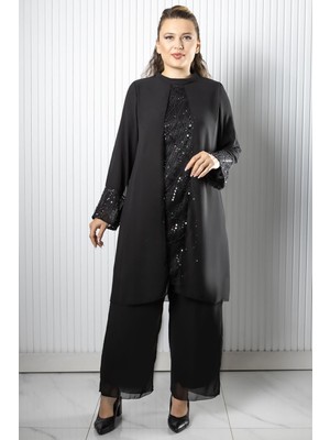 Modaviki Taş Payet İşlemeli Şifon Pantalon Tunik Takım Siyah FHM966