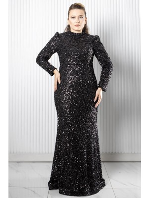 Modaviki Payetli Balık Abiye Siyah AHN272