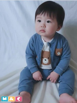 M.Ç Family Store 3lü Kombin Kız Erkek Bebek Ayıcık Pelüş Deseni Ceket Sweatshirt ve Pantolon Şık Tasarım Jean Takım